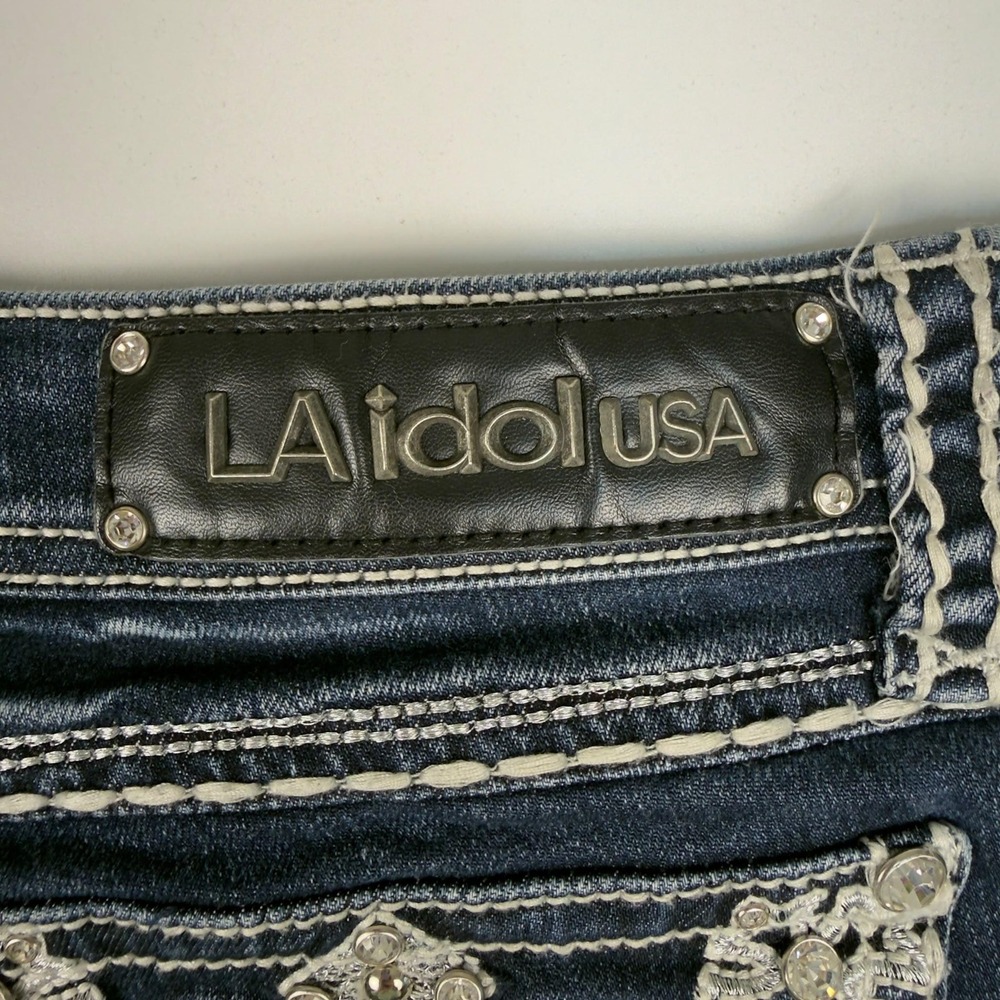 Y2K L.A. Idol USA Jeans Size 11 W33 L31.5 Rhinestone Fleur De Lis Bling Denim - Picture 9 of 14